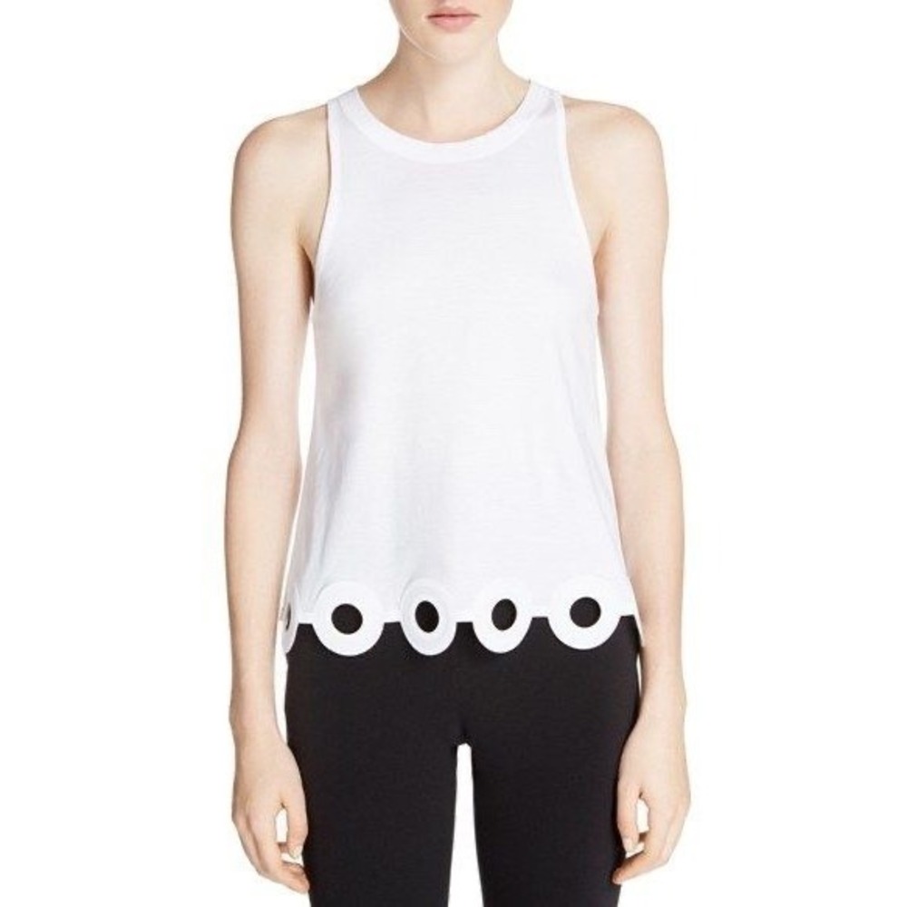CARVEN WHITE CUTOUT CIRCLE HEM 100% COTTON RACERBACK TANK‎ TOP EUC SIZE XS